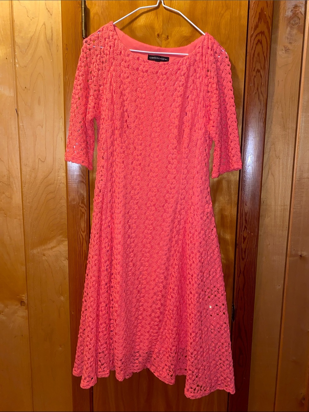 Chris McLaughlin Coral Lace-Style Midi Dress with Elbow Sleeves